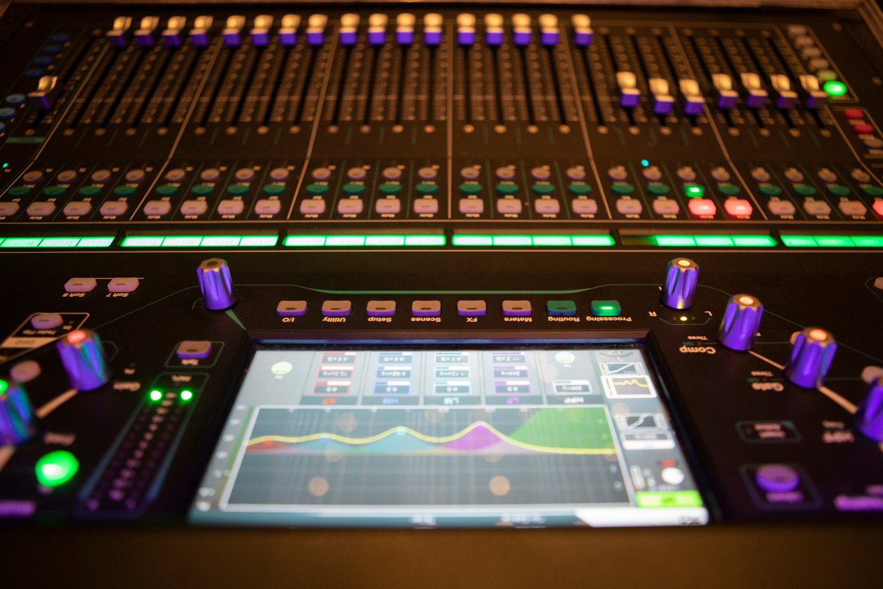 Sound recording studio mixer desk: professional music production.